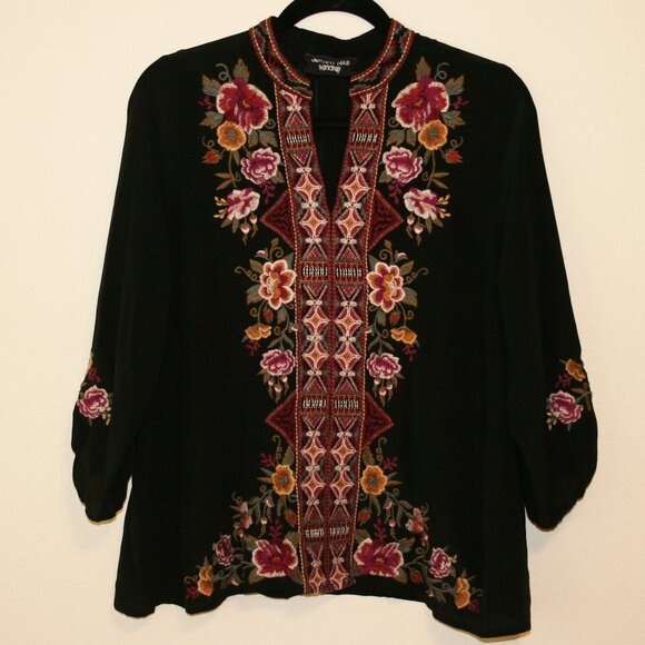 Johnny Was Tops - Johnny Was Workshop Nepal Black Embroidered Floral Silk Tunic Top V-Neck Size M